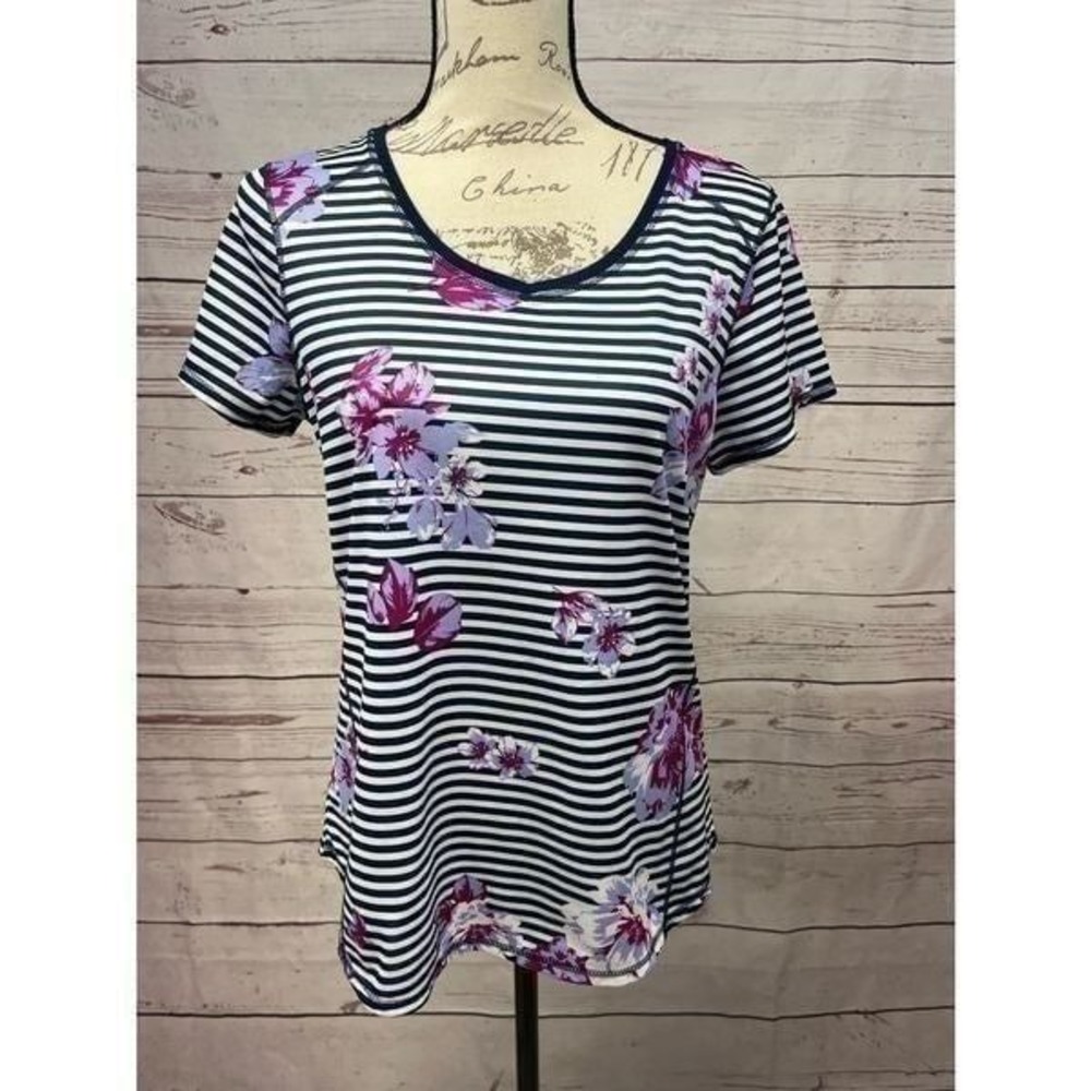 St. John's Bay‎ medium quick dry navy blue and white stripped shirt with flo